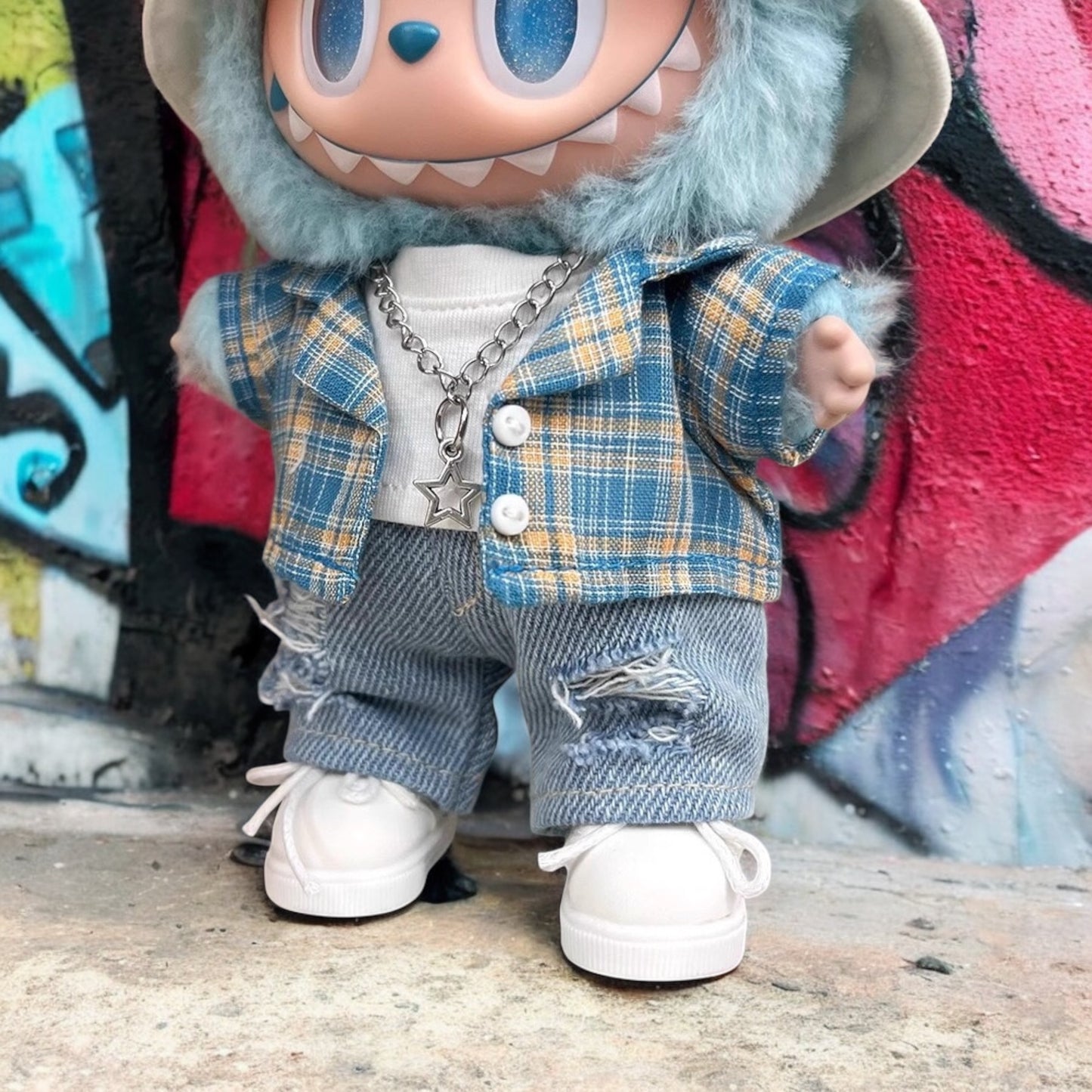 Graffiti Vibes Plaid Set Outfit - Handmand compatible with Labubu Doll
