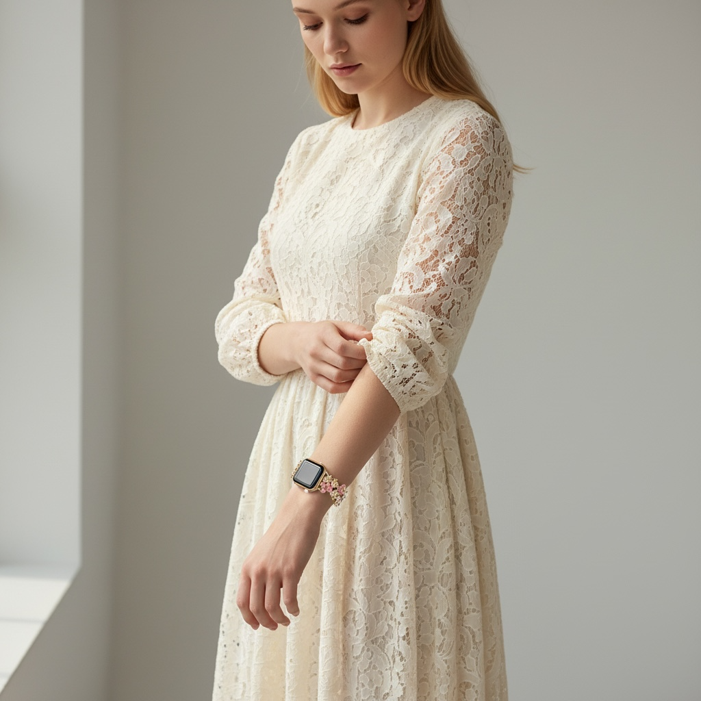 Woman wearing a beige lace dress with an apple watch in a plain background