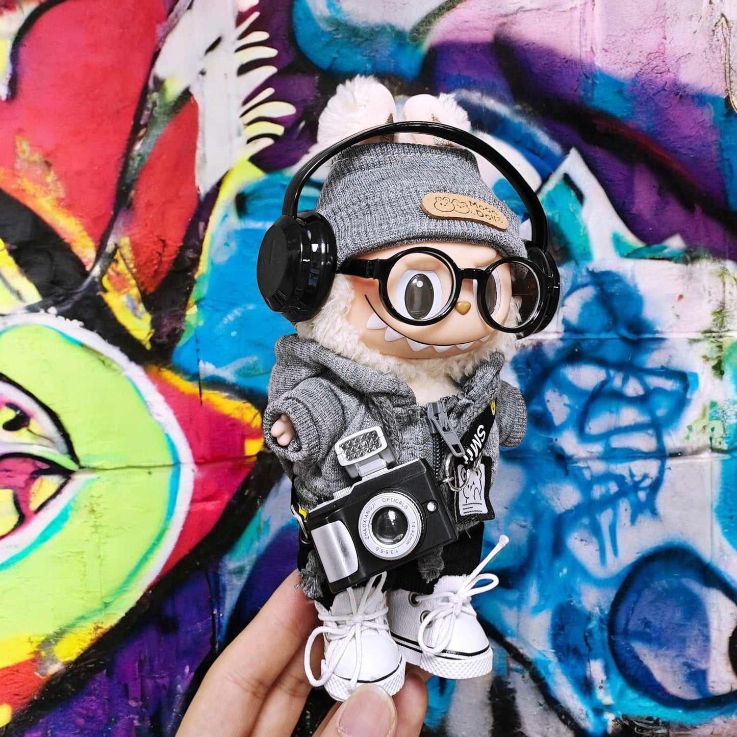 Street Snap Starter Kit Gray Hoodie Photographer Outfit - Handmand Labubu Doll Outfit