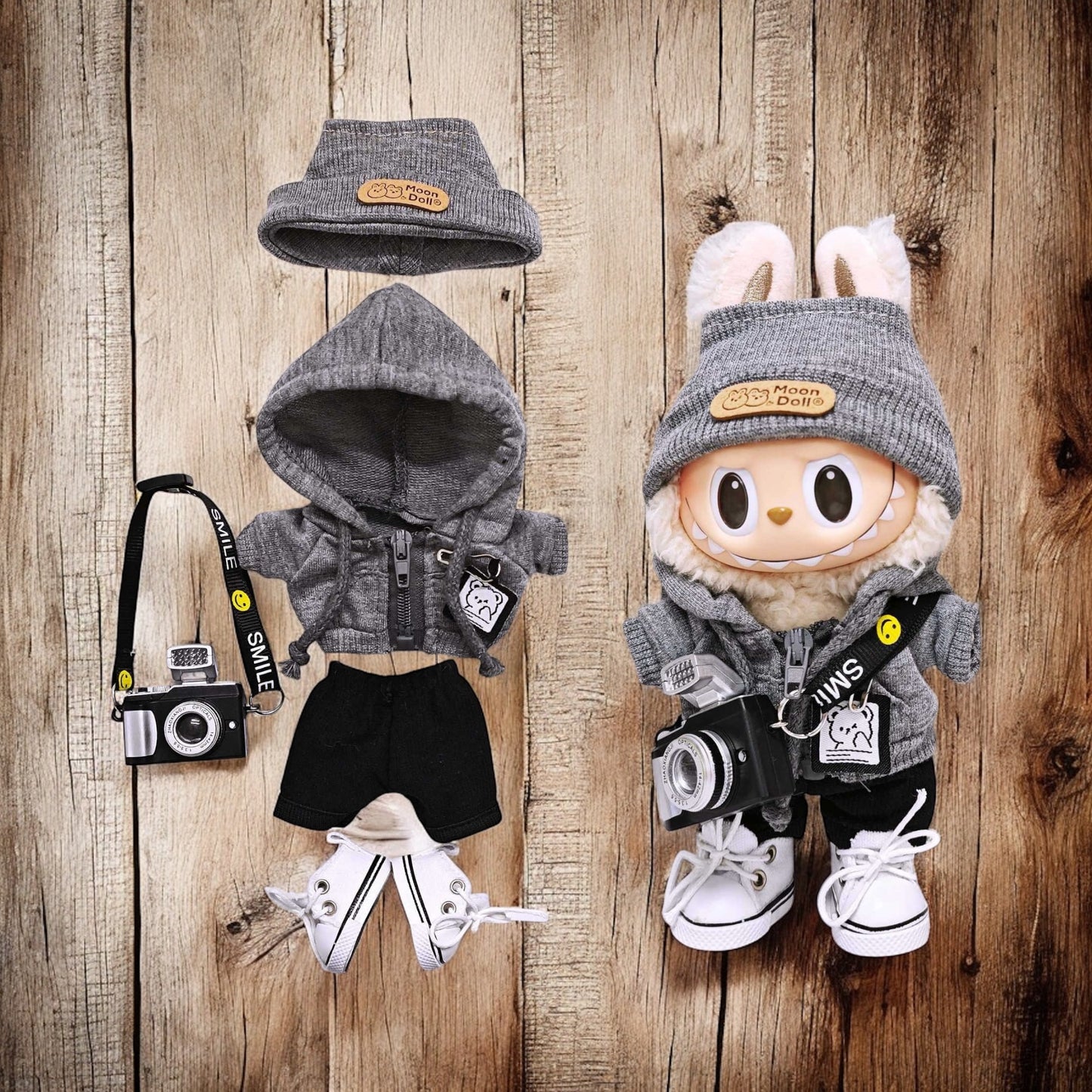 Street Snap Starter Kit Gray Hoodie Photographer Outfit - Handmand Labubu Doll Outfit