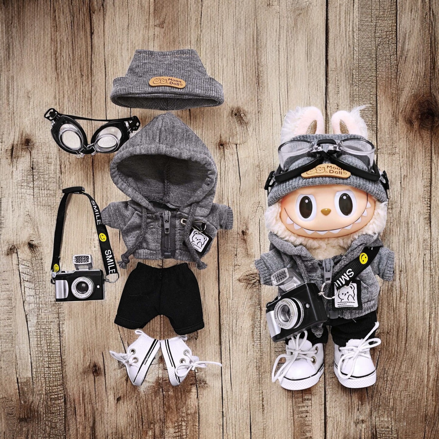 Street Snap Starter Kit Gray Hoodie Photographer Outfit - Handmand Labubu Doll Outfit