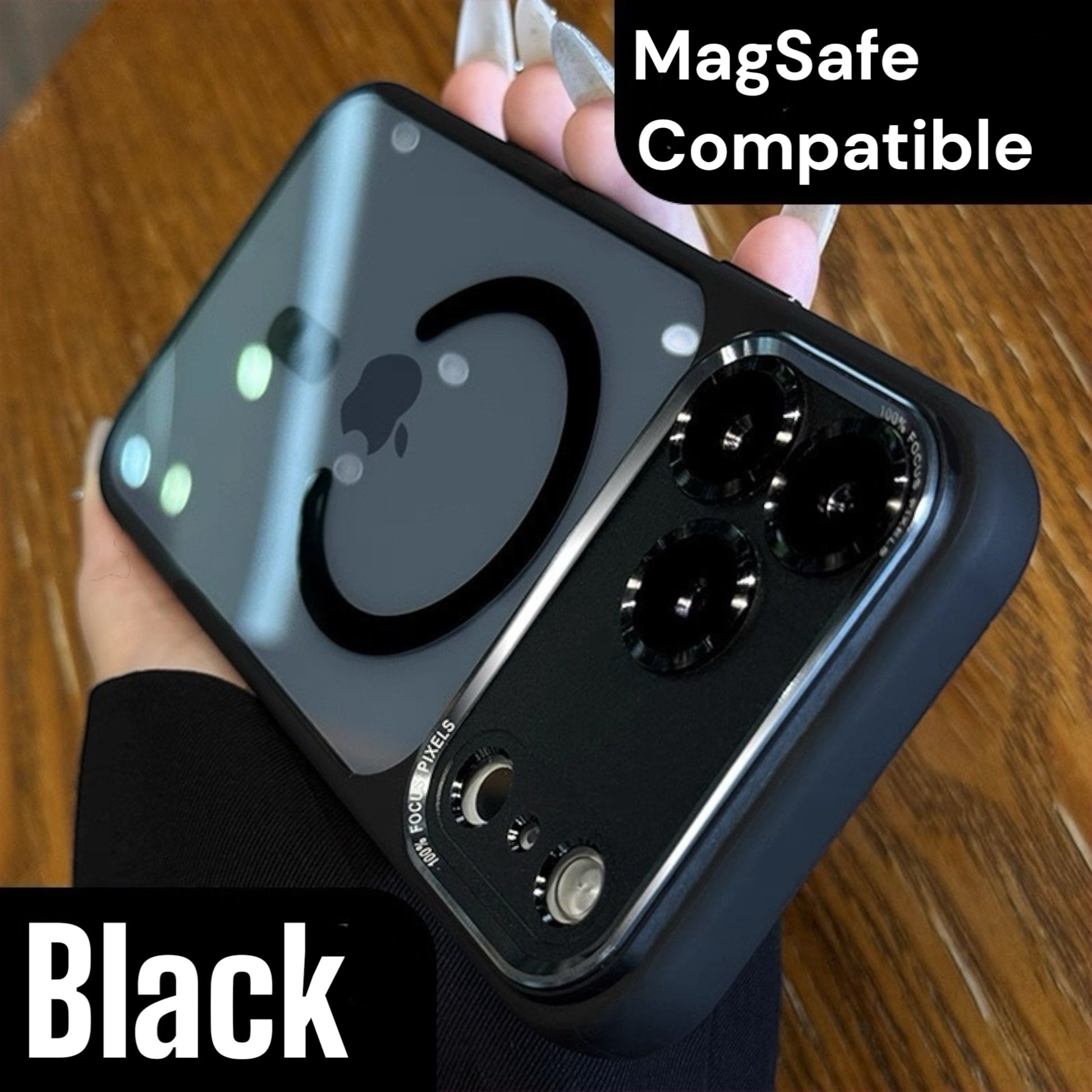 Black iphone 17 pro max case with 'MagSafe Compatible' text held by a person on a wooden surface