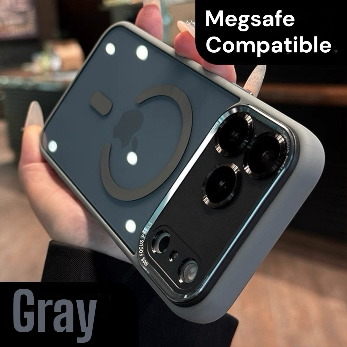 Gray iphone 17 pro max case with Megsafe compatibility text held by a hand