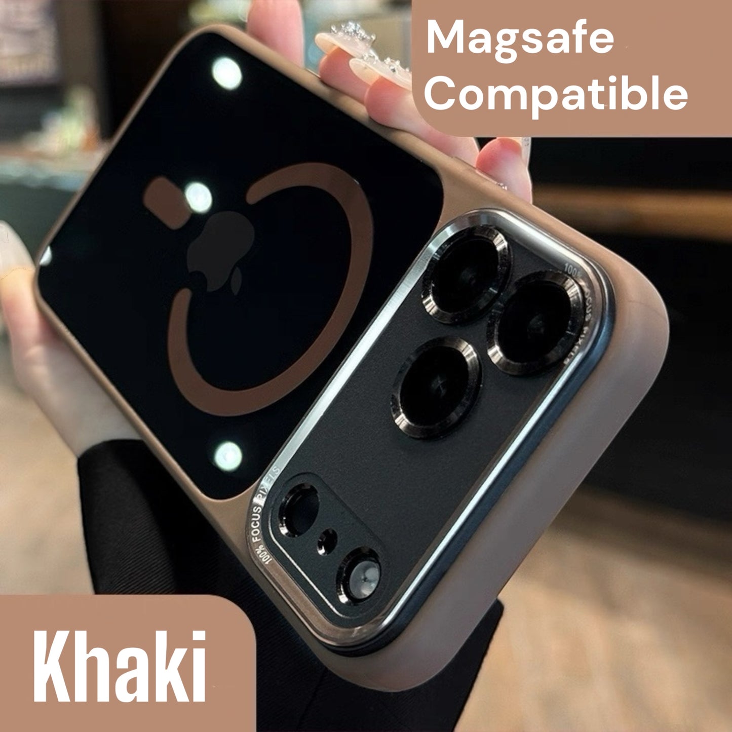 Khaki iphone 17 pro max case with Magsafe compatibility on a blurred background