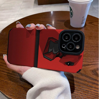 Red iphone case with Dead Pool design held by a hand on a wooden table with a Starbucks cup.