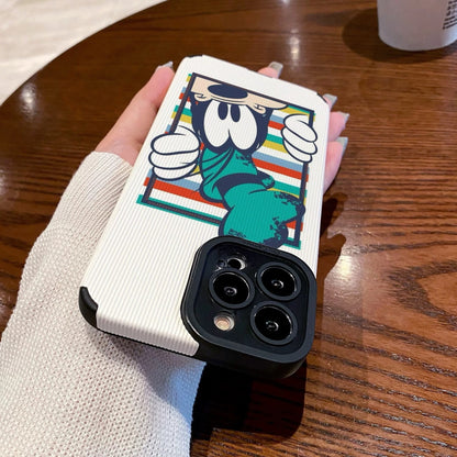 iPhone case with Goofy design held by a person on a wooden table with a Starbucks cup in the background