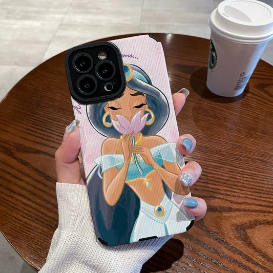 iPhone case with an illustration of a Jasmine holding a flower, held by a hand on a wooden table with a Starbucks cup.