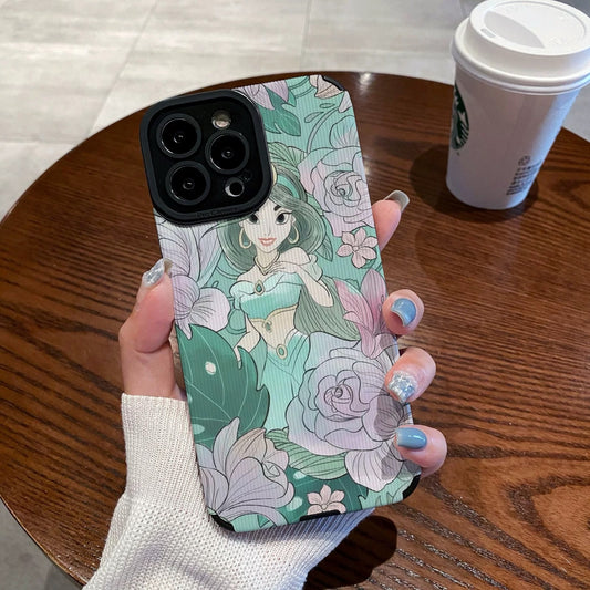 Hand holding a iPhone case with a Jasmine with floral design and character, Starbucks cup in the background.