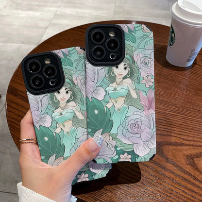 Hand holding a iPhone case with a Jasmine with floral design and character, Starbucks cup in the background.