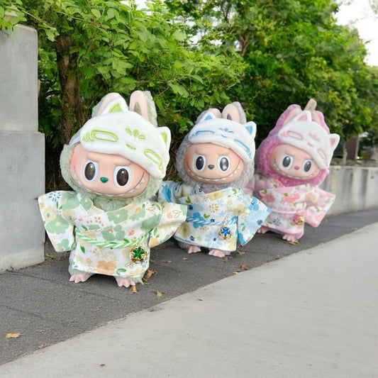 Handmand “Fox & Flowers” Yukata Set Outfit — Floral Kimono Top, Braided Obi Cord, Embroidered Fox