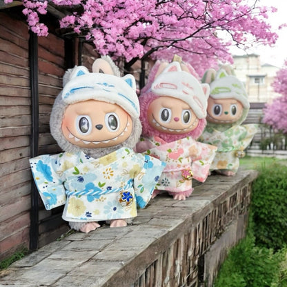 Handmand “Fox & Flowers” Yukata Set Outfit — Floral Kimono Top, Braided Obi Cord, Embroidered Fox