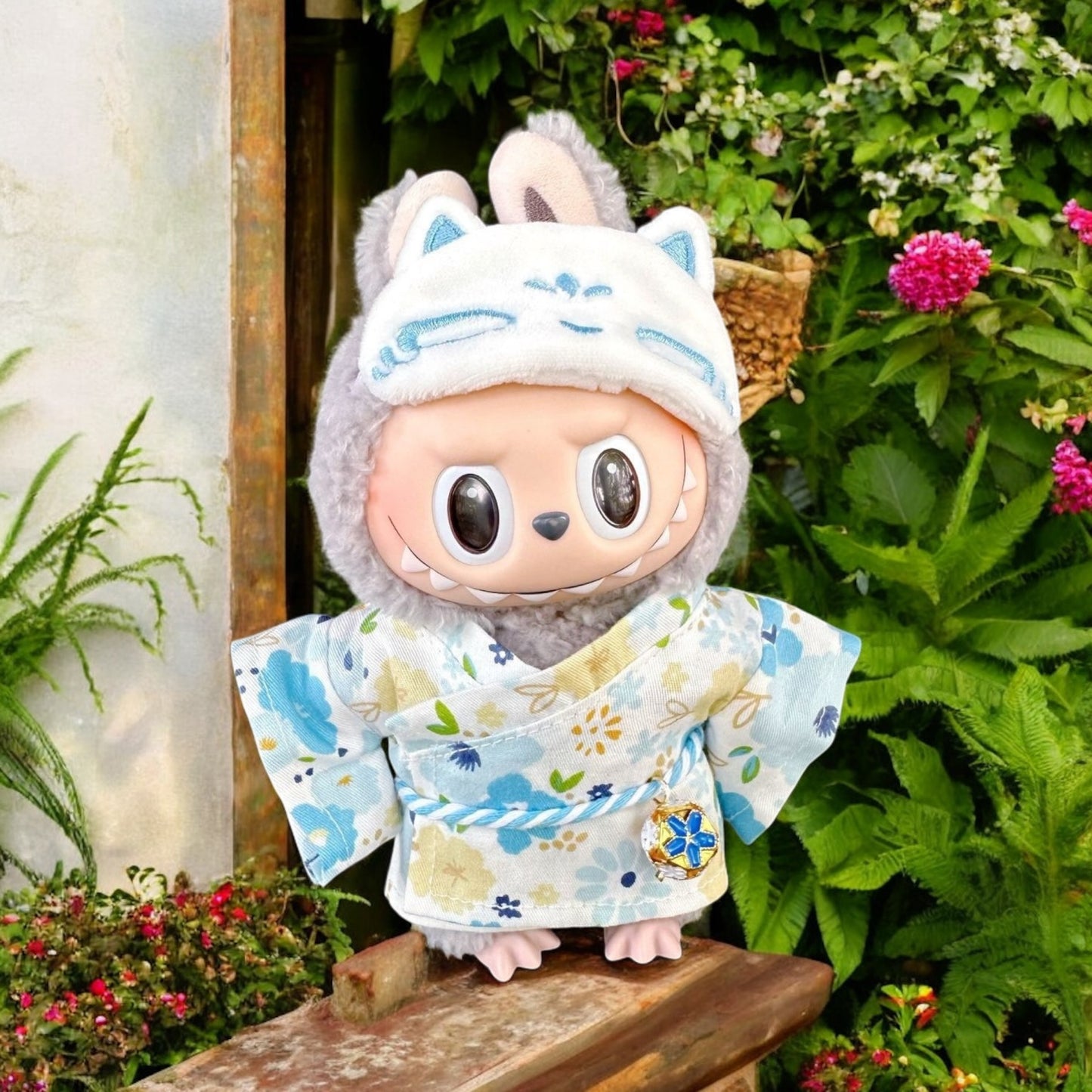 Handmand “Fox & Flowers” Yukata Set Outfit — Floral Kimono Top, Braided Obi Cord, Embroidered Fox