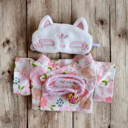 Handmand “Fox & Flowers” Yukata Set Outfit — Floral Kimono Top, Braided Obi Cord, Embroidered Fox