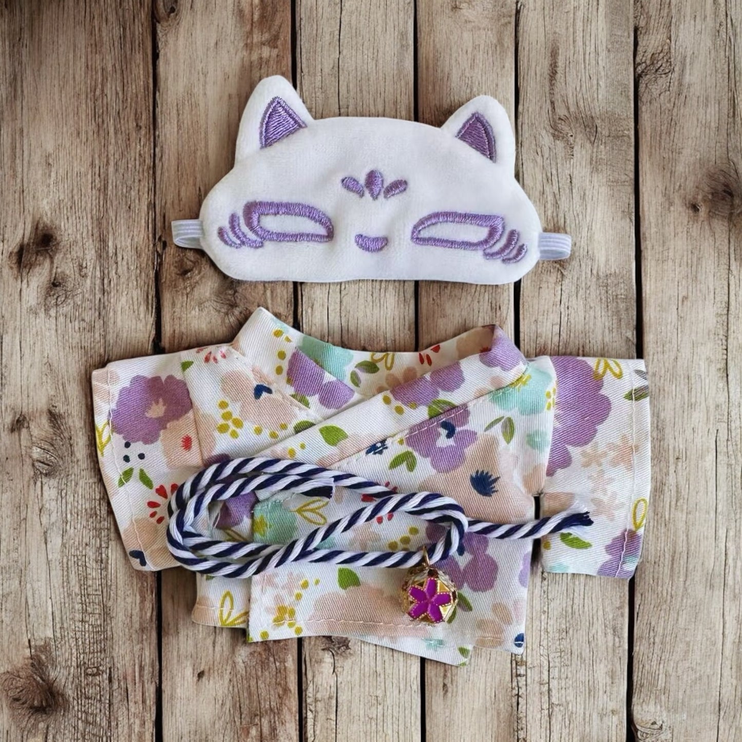 Handmand “Fox & Flowers” Yukata Set Outfit — Floral Kimono Top, Braided Obi Cord, Embroidered Fox