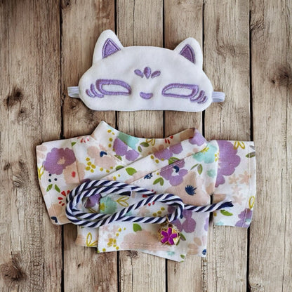 Handmand “Fox & Flowers” Yukata Set Outfit — Floral Kimono Top, Braided Obi Cord, Embroidered Fox
