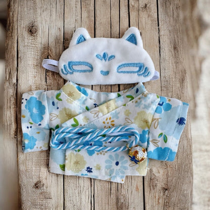 Handmand “Fox & Flowers” Yukata Set Outfit — Floral Kimono Top, Braided Obi Cord, Embroidered Fox