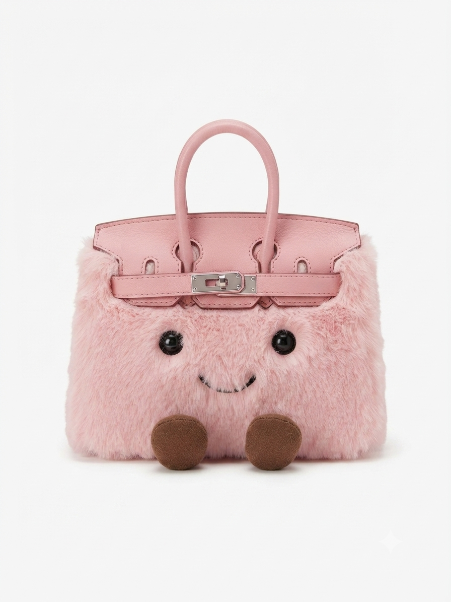 Kawaii pink fluffy plush satchel bag with smiley face and corduroy feet — front view on white background