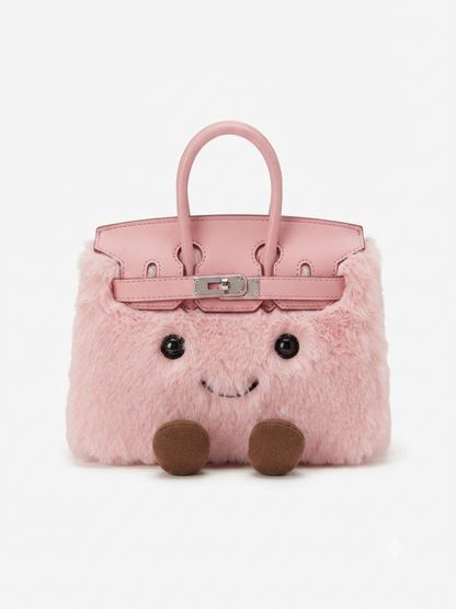 Kawaii pink fluffy plush satchel bag with smiley face and corduroy feet — front view on white background