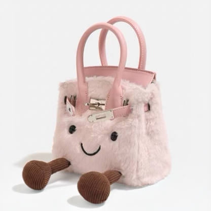 Kawaii fluffy pink plush bag with bag open, showing interior and 3D corduroy character feet detail