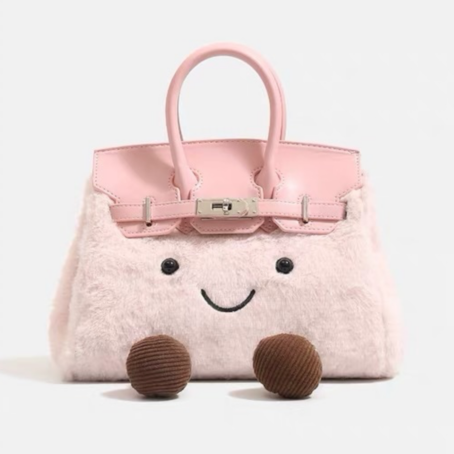 Kawaii pink fluffy character bag front view — handmade plush smiley face satchel with corduroy feet