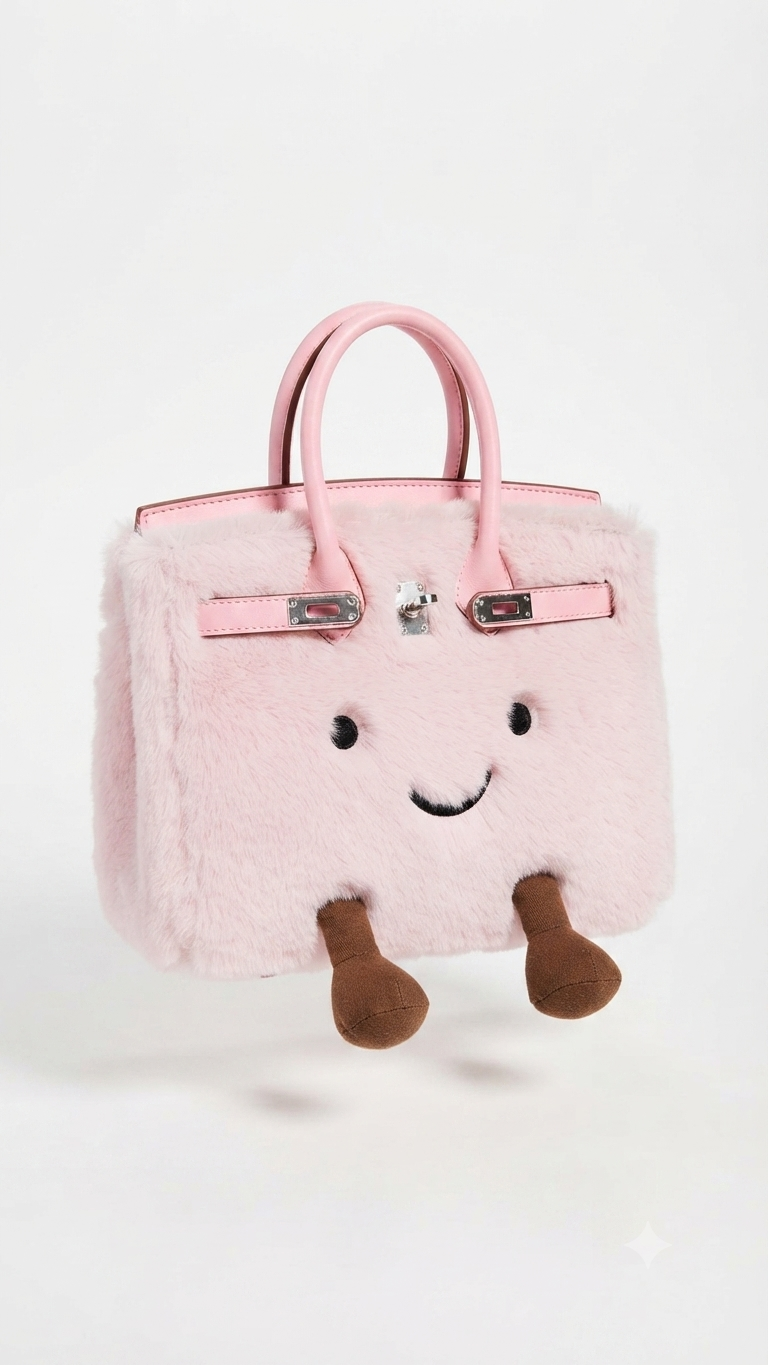 Pale pink kawaii fluffy plush handbag — angled view showing luxury satchel shape and embroidered smiley