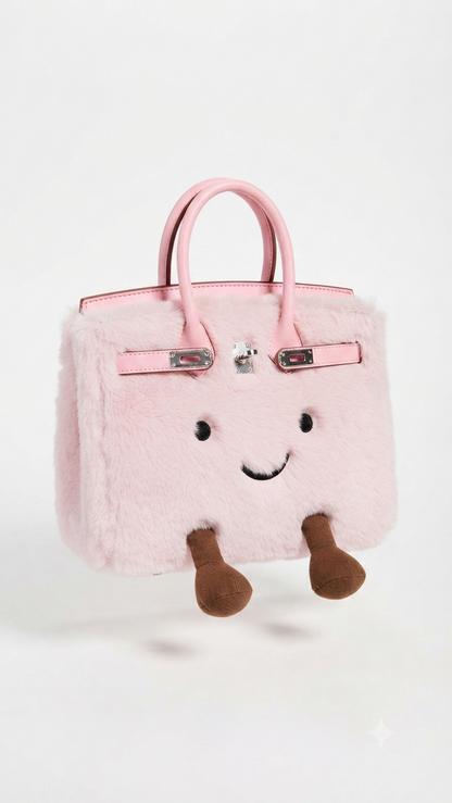 Pale pink kawaii fluffy plush handbag — angled view showing luxury satchel shape and embroidered smiley
