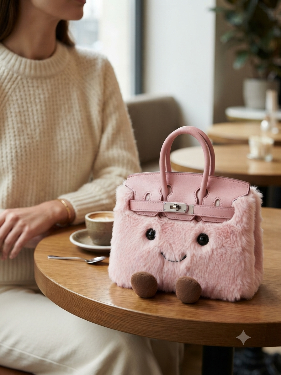 Kawaii pink character satchel on café table with woman in background — aesthetic cute bag lifestyle photo