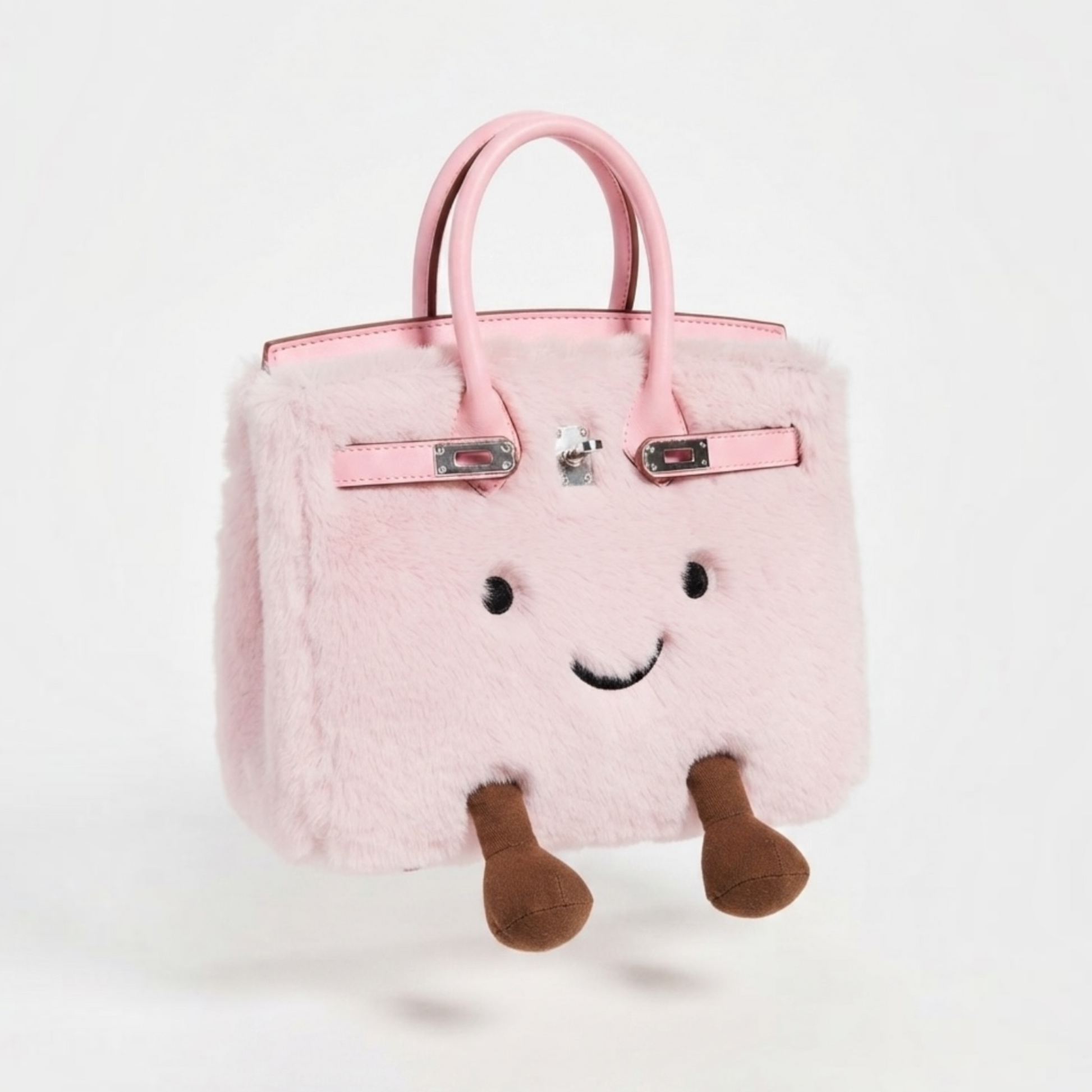 Light pink kawaii plush bag floating angled view — showing side profile, corduroy feet and silver clasp detail