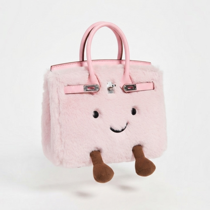 Light pink kawaii plush bag floating angled view — showing side profile, corduroy feet and silver clasp detail