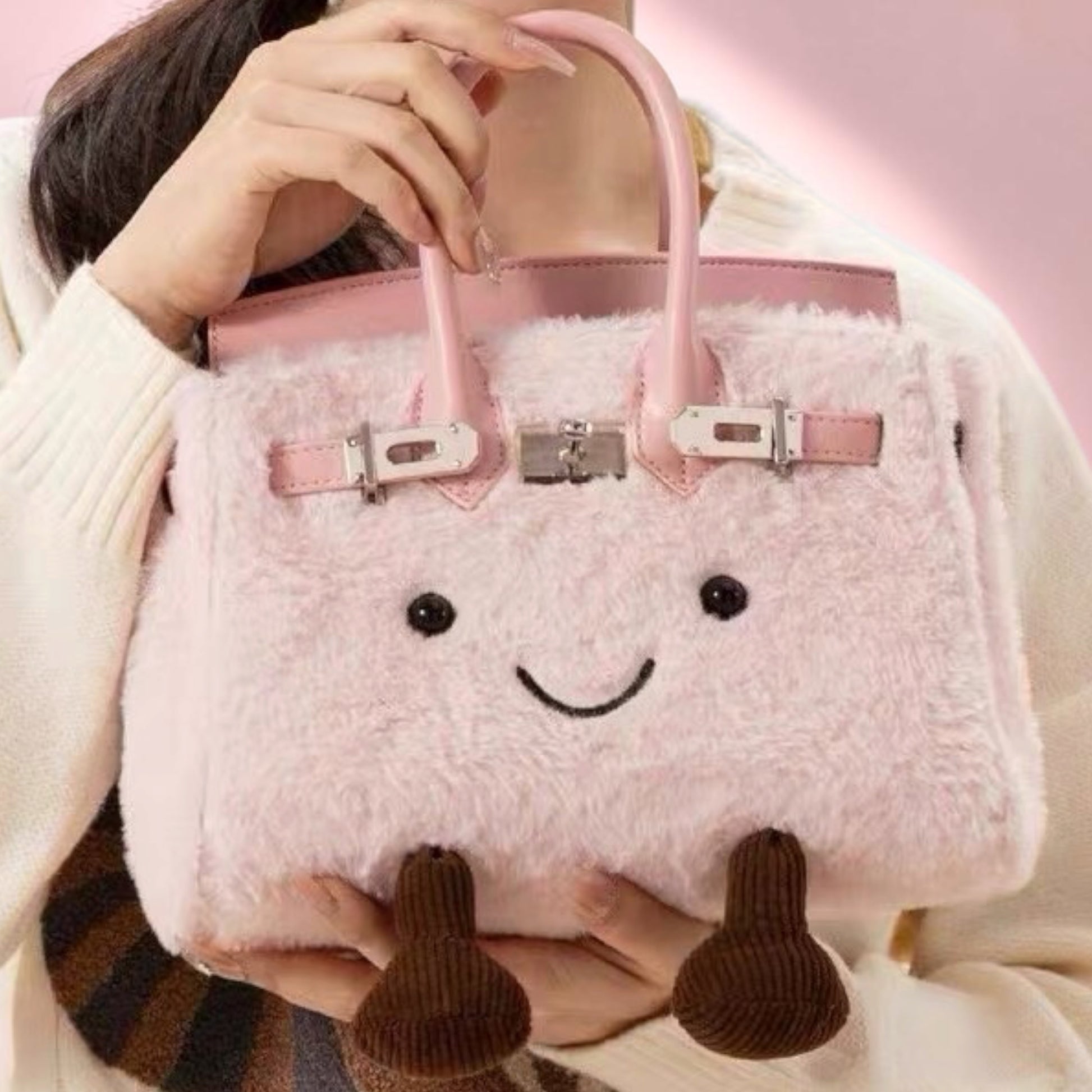 Model holding kawaii fluffy pink satchel bag — cute plush character bag being carried close-up