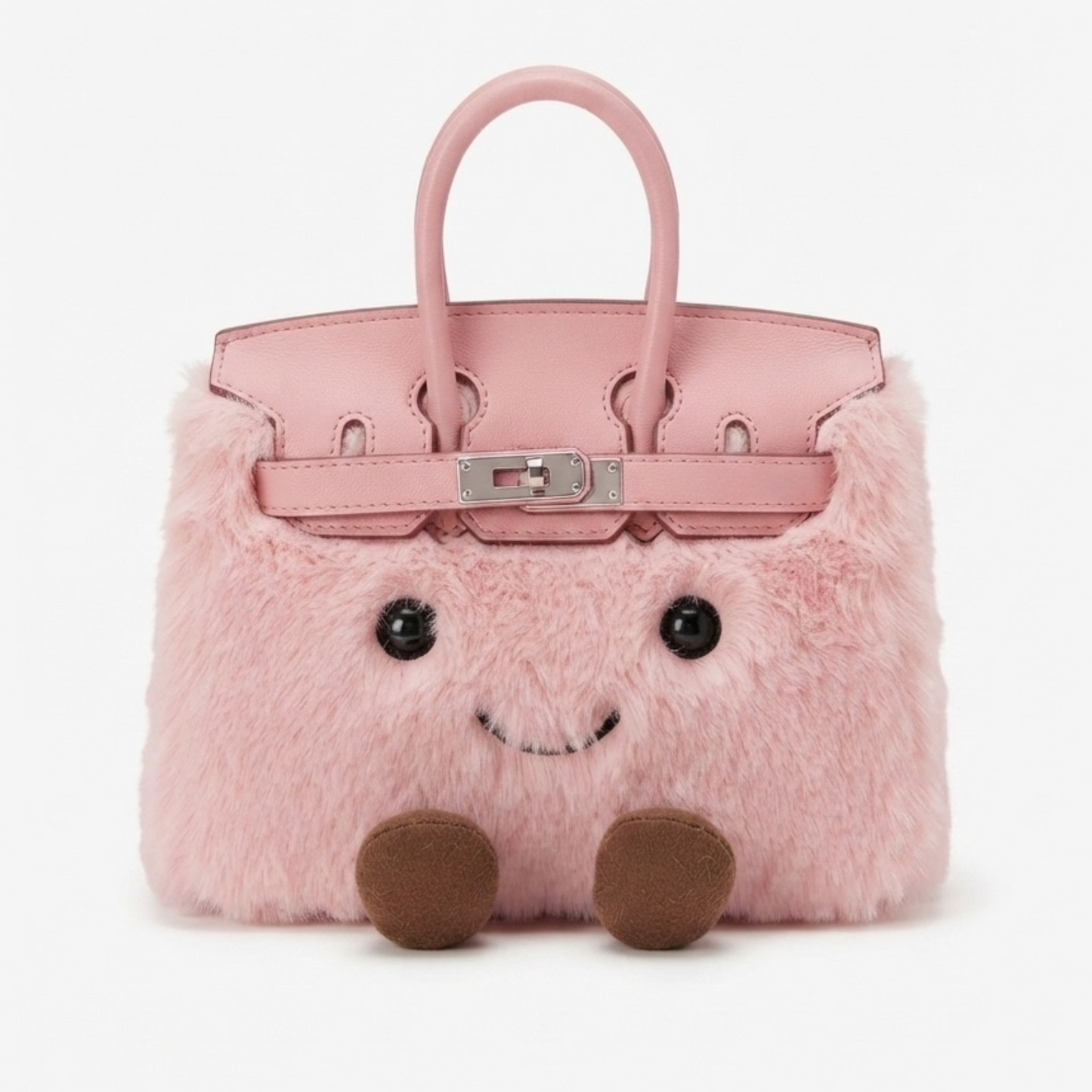 Deep blush pink kawaii plush character bag — front view with embroidered face and turnlock hardware