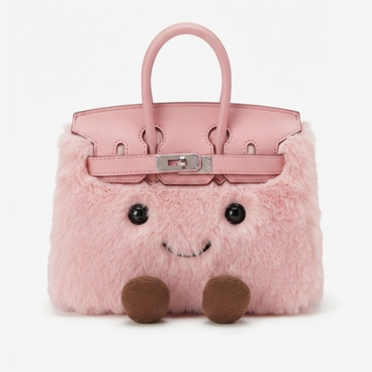 Deep blush pink kawaii plush character bag — front view with embroidered face and turnlock hardware