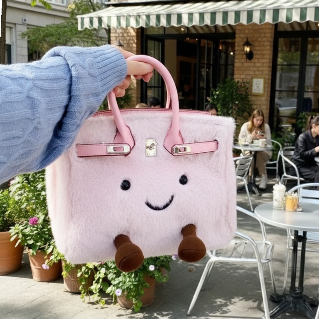 Kawaii pink plush bag being carried outdoors — cute fluffy smiley face handbag with pink leather handles
