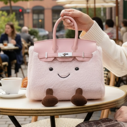 Person holding kawaii pink fluffy plush satchel at outdoor café — cute character bag street style