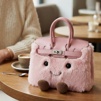 Jelly Cute kawaii pink plush bag styled on café table — cute smiley character bag lifestyle shot