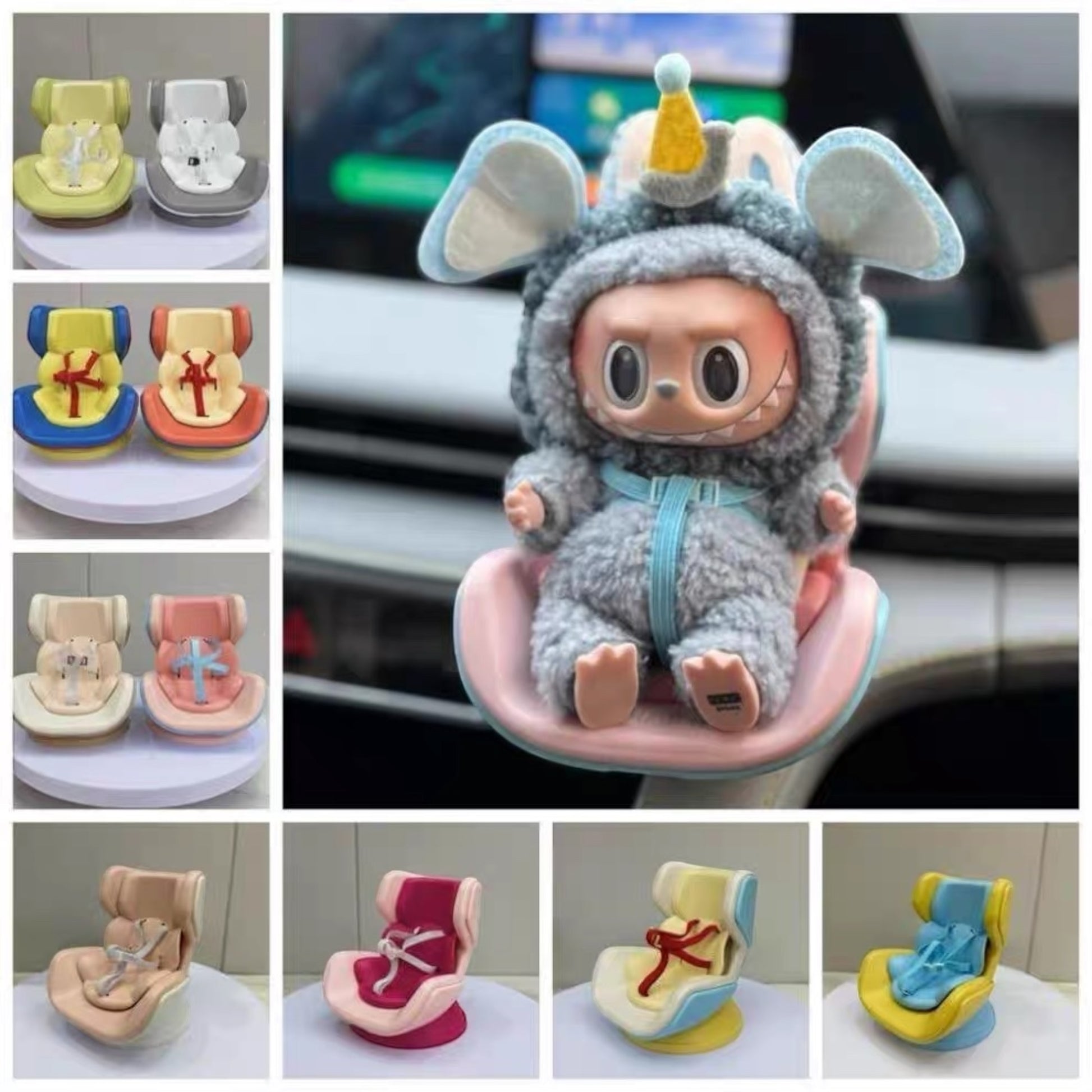 Plush toy Labubu Doll with a car seat attachment in various colors