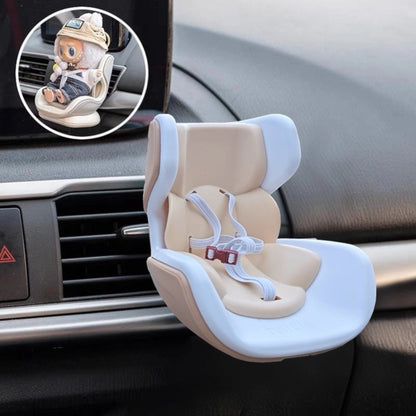 Labubu Doll's car seat attached to a car dashboard with a close-up inset showing a Labubu Doll in the seat.