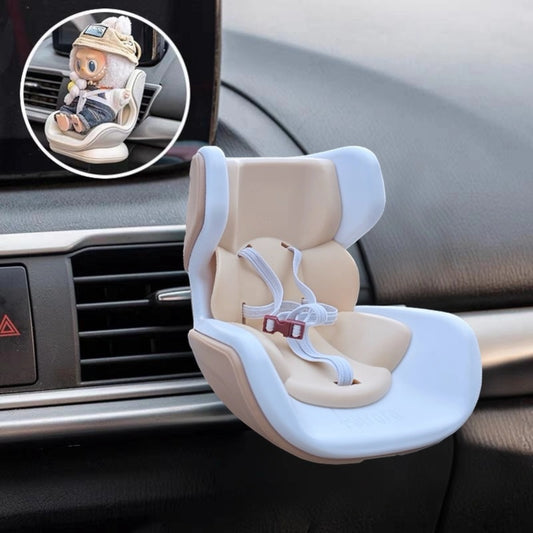 Labubu Doll's car seat attached to a car dashboard with a close-up inset showing a Labubu Doll in the seat.