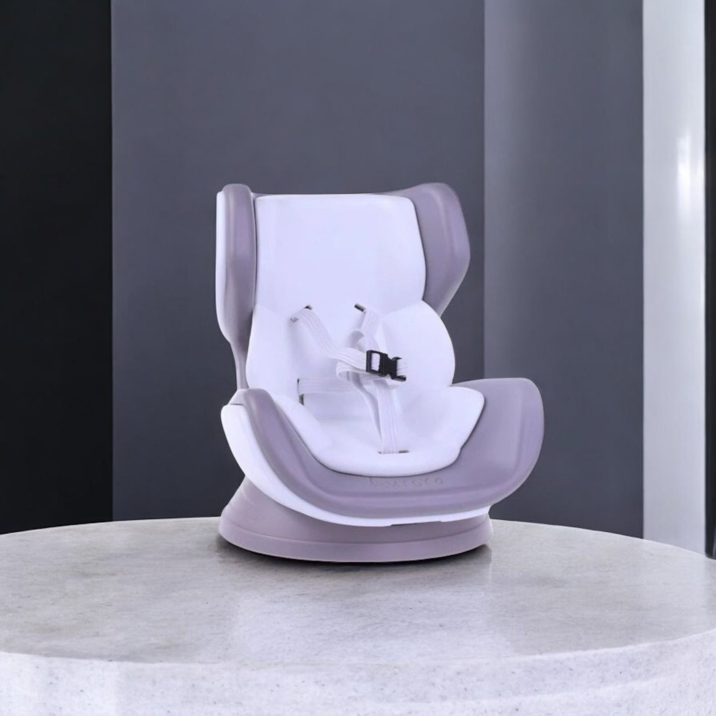 Baby car seat with white cushion and purple frame on a gray surface