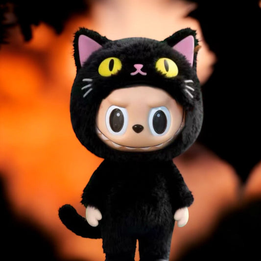 Labubu Doll Wearing a Black Cat Costume with halloween style background
