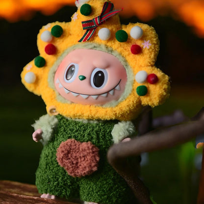 Christmas Star-Tree Costume Green Fuzzy Jumpsuit with Mini Santa Hat, fit for 17mm Labubu Doll