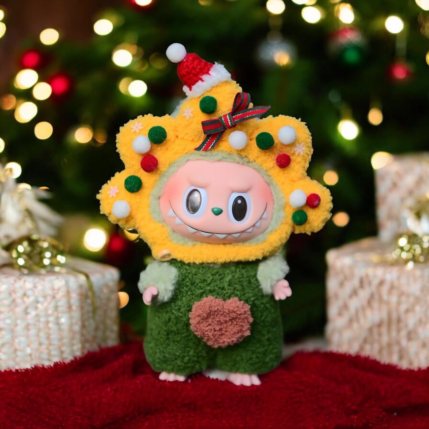 Christmas Star-Tree Costume Green Fuzzy Jumpsuit with Mini Santa Hat, fit for 17mm Labubu Doll