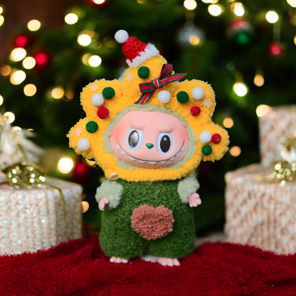Christmas Star-Tree Costume Green Fuzzy Jumpsuit with Mini Santa Hat, fit for 17mm Labubu Doll