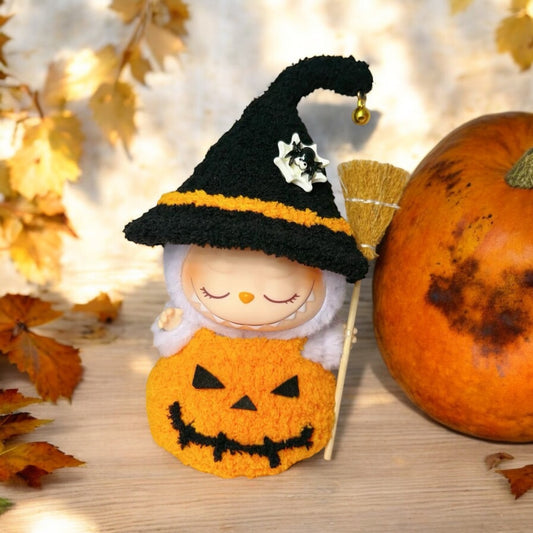 Labubu Doll wearing a Halloween Pumpkin  and Witch Custome