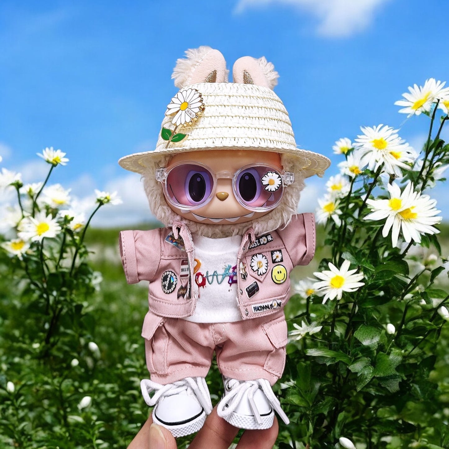 Handmand Daisy Street Utility Set | Pink Jacket + Cargo Pants + Tee + Round Shades + Straw Hat, fits for 17cm Labubu doll