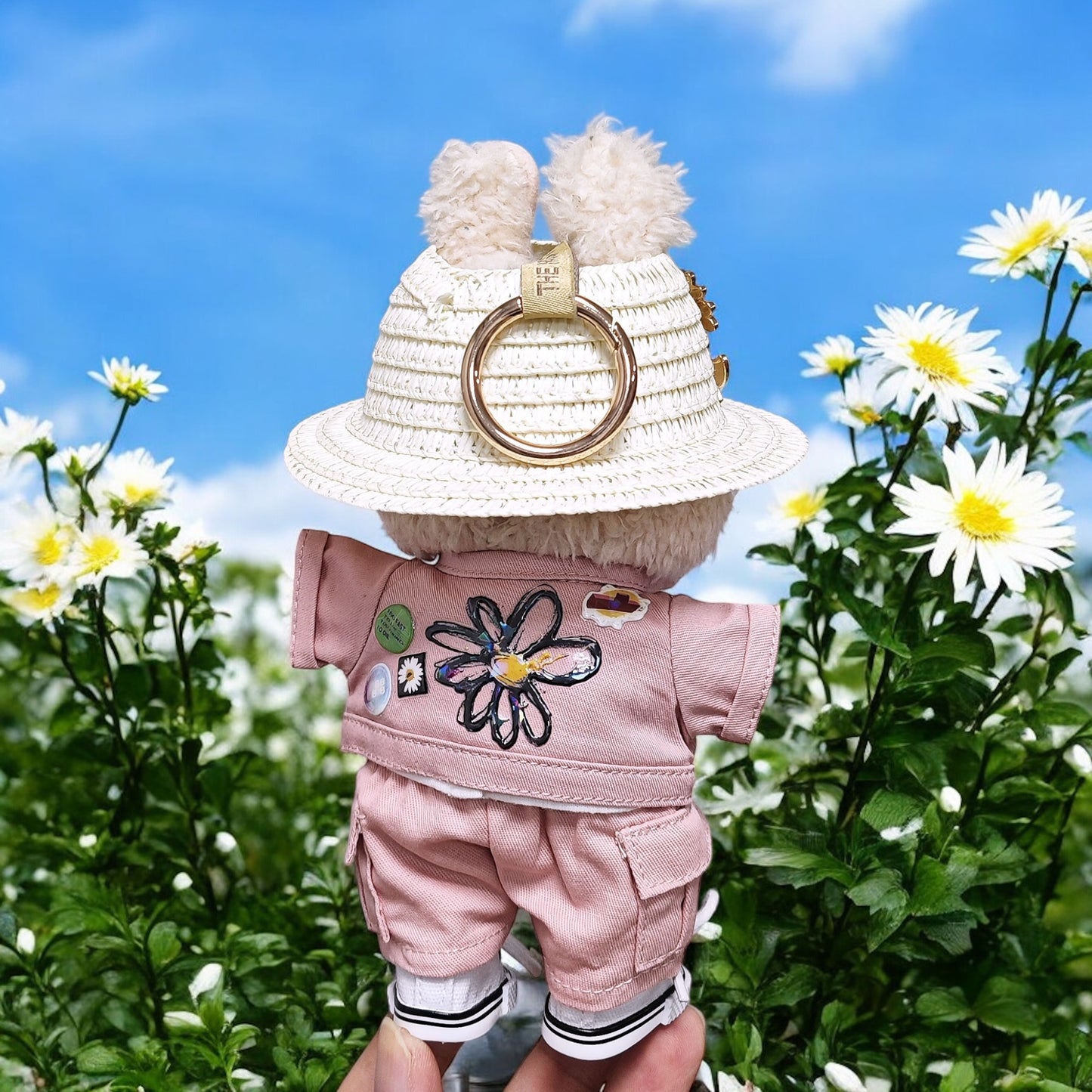 Handmand Daisy Street Utility Set | Pink Jacket + Cargo Pants + Tee + Round Shades + Straw Hat, fits for 17cm Labubu doll