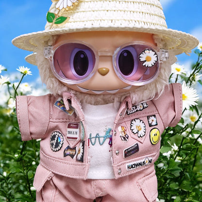 Handmand Daisy Street Utility Set | Pink Jacket + Cargo Pants + Tee + Round Shades + Straw Hat, fits for 17cm Labubu doll