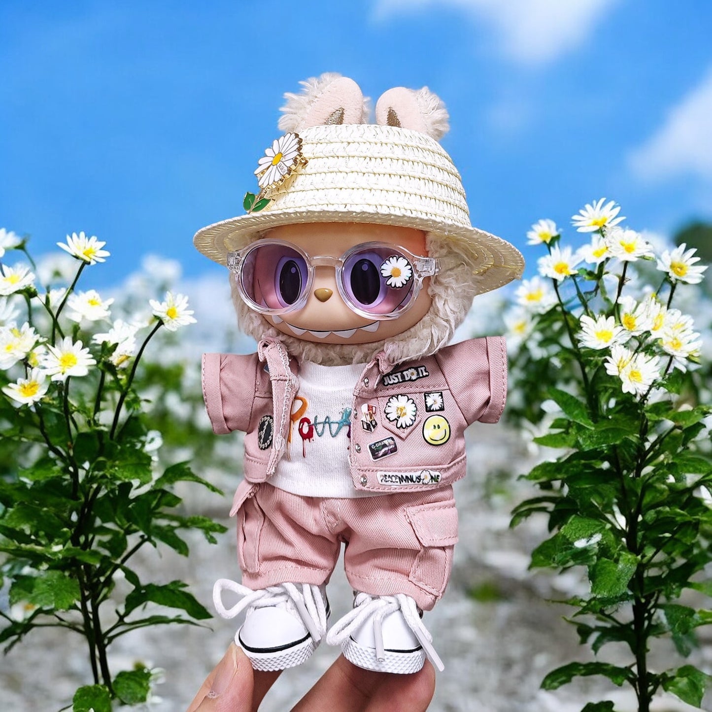 Handmand Daisy Street Utility Set | Pink Jacket + Cargo Pants + Tee + Round Shades + Straw Hat, fits for 17cm Labubu doll