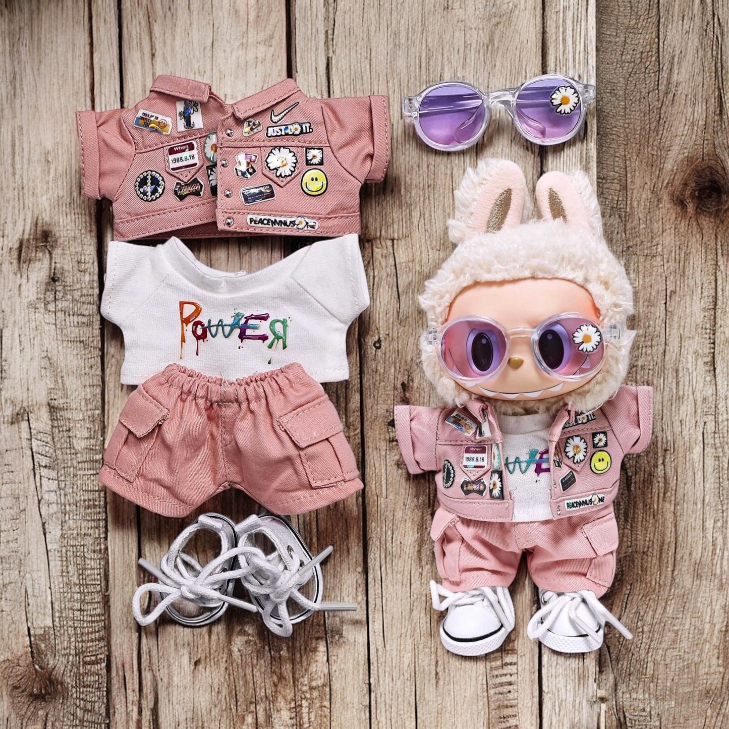 Handmand Daisy Street Utility Set | Pink Jacket + Cargo Pants + Tee + Round Shades + Straw Hat, fits for 17cm Labubu doll