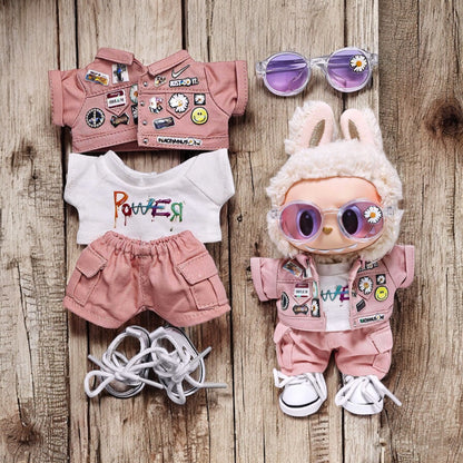 Handmand Daisy Street Utility Set | Pink Jacket + Cargo Pants + Tee + Round Shades + Straw Hat, fits for 17cm Labubu doll